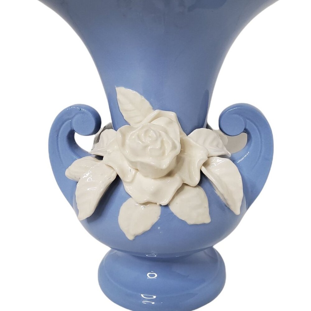 Beautiful Hand Painted Blue W/White Rose Floral Vase Made In Japan. 9"H X 5"W Ba